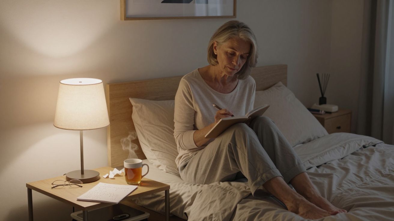Woman sitting on bed, writing in a notebook by lamplight, with tea on the bedside table.