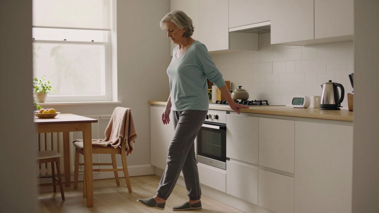 Elderly woman balancing on one foot in a modern kitchen, using the counter for support, with soft natural light from window.