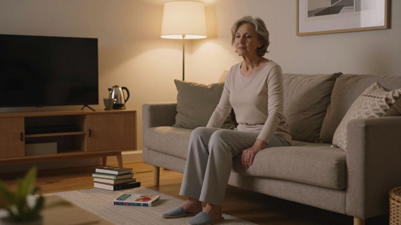 Elderly woman sitting on a sofa in a cosy living room, with soft lighting and a lamp, books on the floor, and a TV nearby.