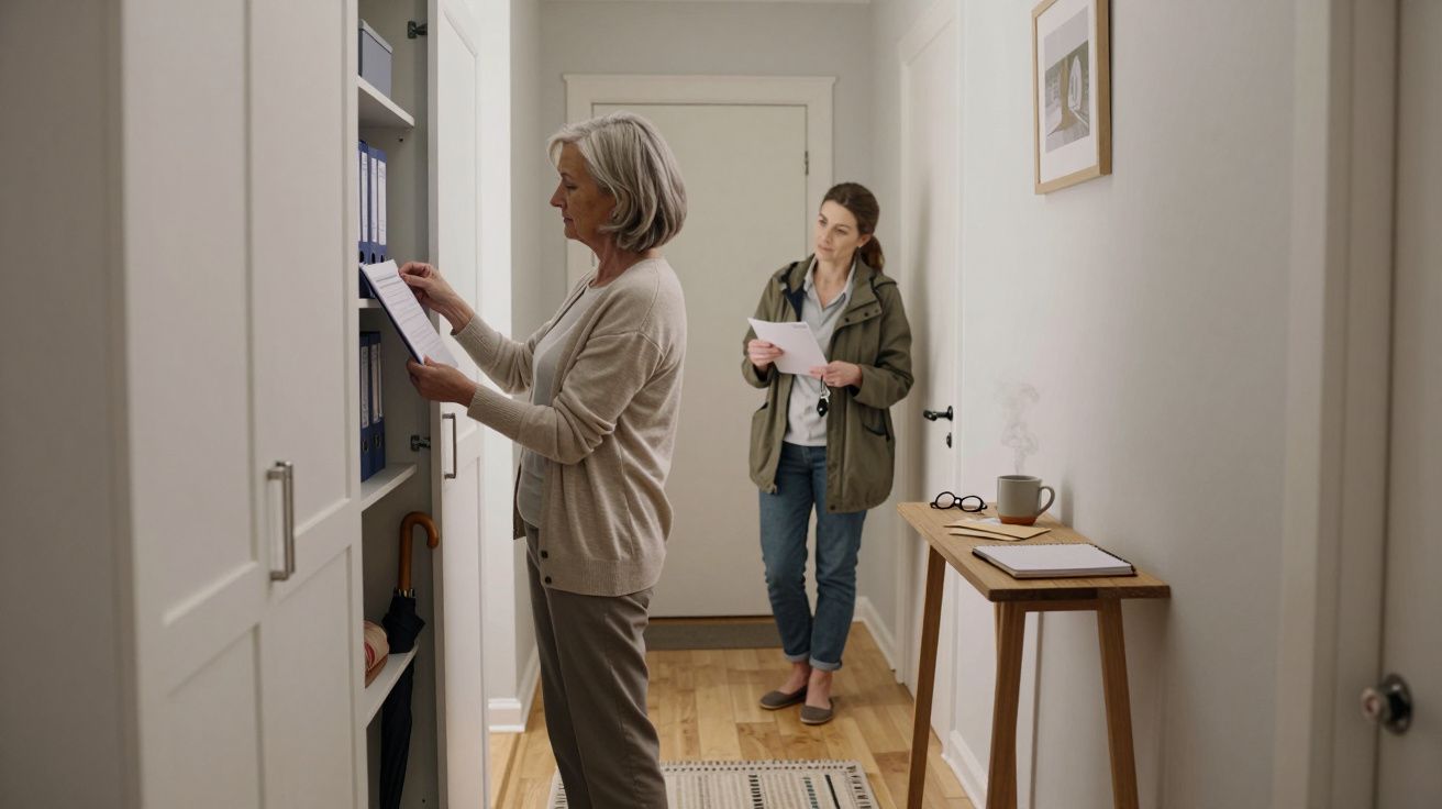 Two women stand in a hallway, one reading papers from a shelf while the other holds a document, with a side table nearby.