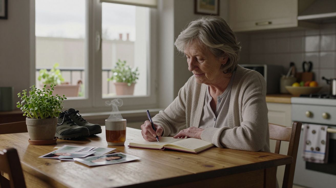Elderly woman writing in a notebook at kitchen table, with photos, plant, and tea nearby.