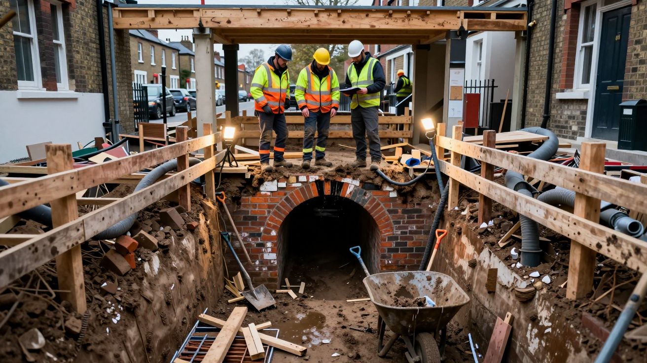 Three construction workers in high-vis gear examine plans at an excavation site with a red brick tunnel entrance.