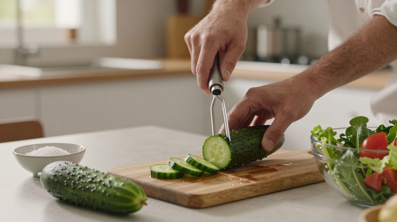 Person slicing a cucumber on a wooden board in a kitchen, with a salad bowl and salt nearby.
