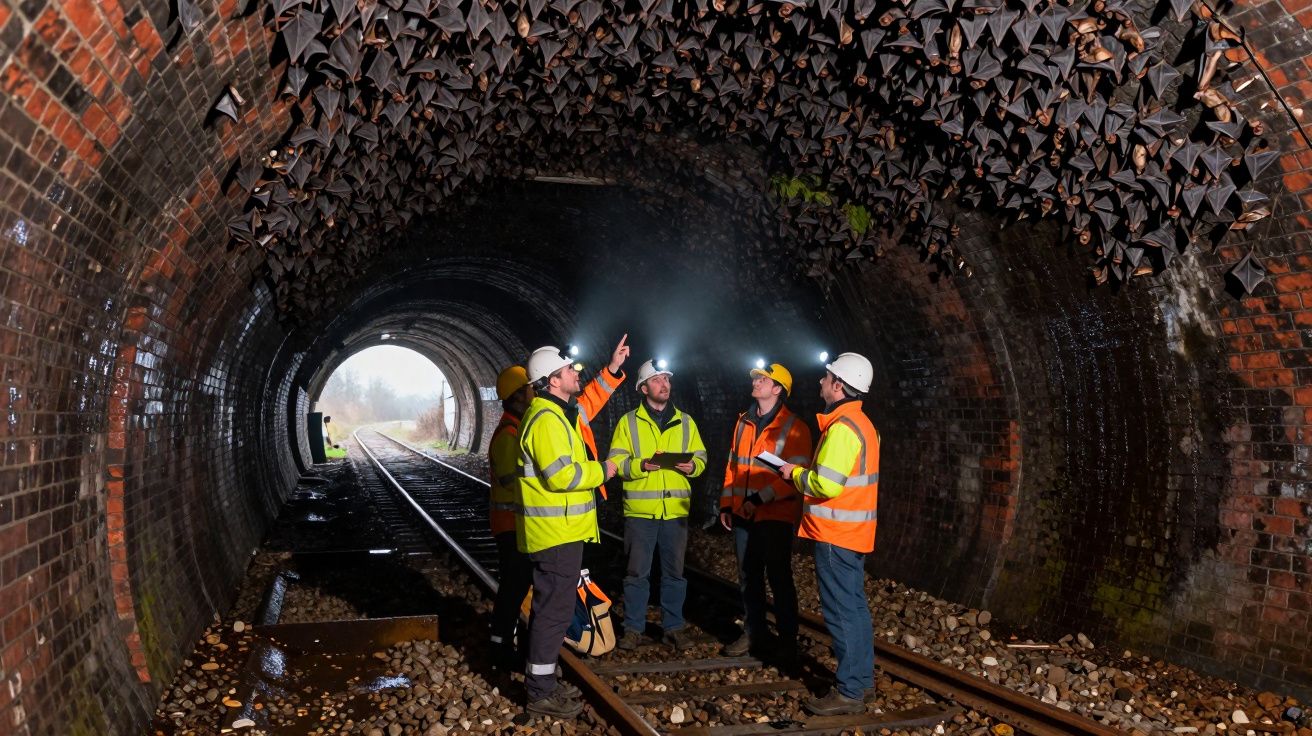 Workers in a railway tunnel with safety gear, discussing under a ceiling full of bats, illuminated by headlamps.