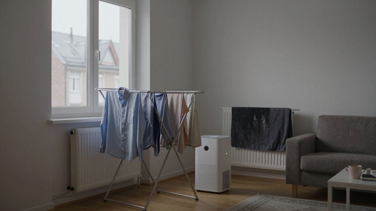 Clothes drying on a rack next to an air purifier and a towel on a radiator in a minimalist living room.