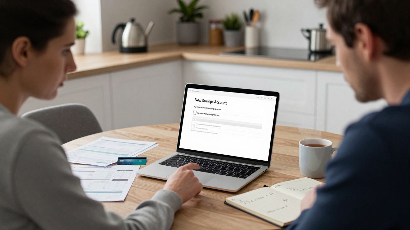 Two people at a kitchen table reviewing financial documents, with a laptop open to a new savings account form.