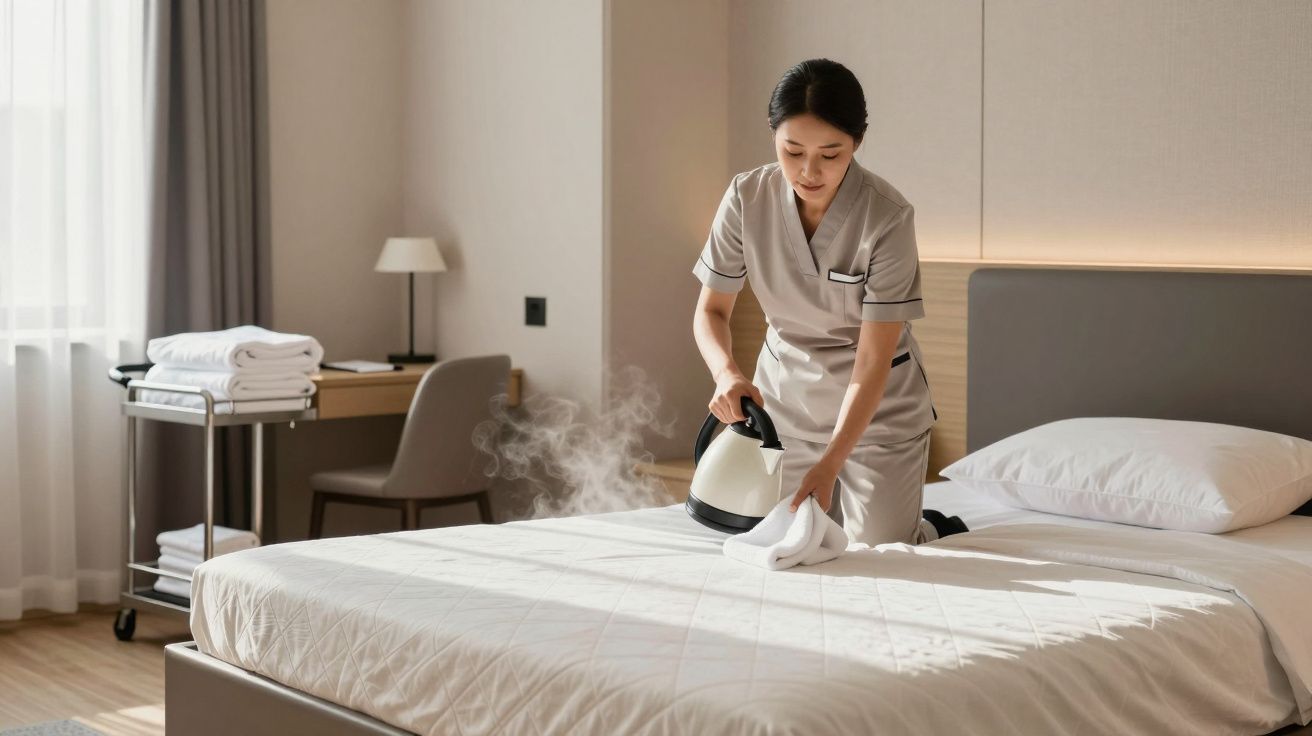 Hotel staff member steaming bed sheets in a well-lit room, with clean towels on a cart nearby.