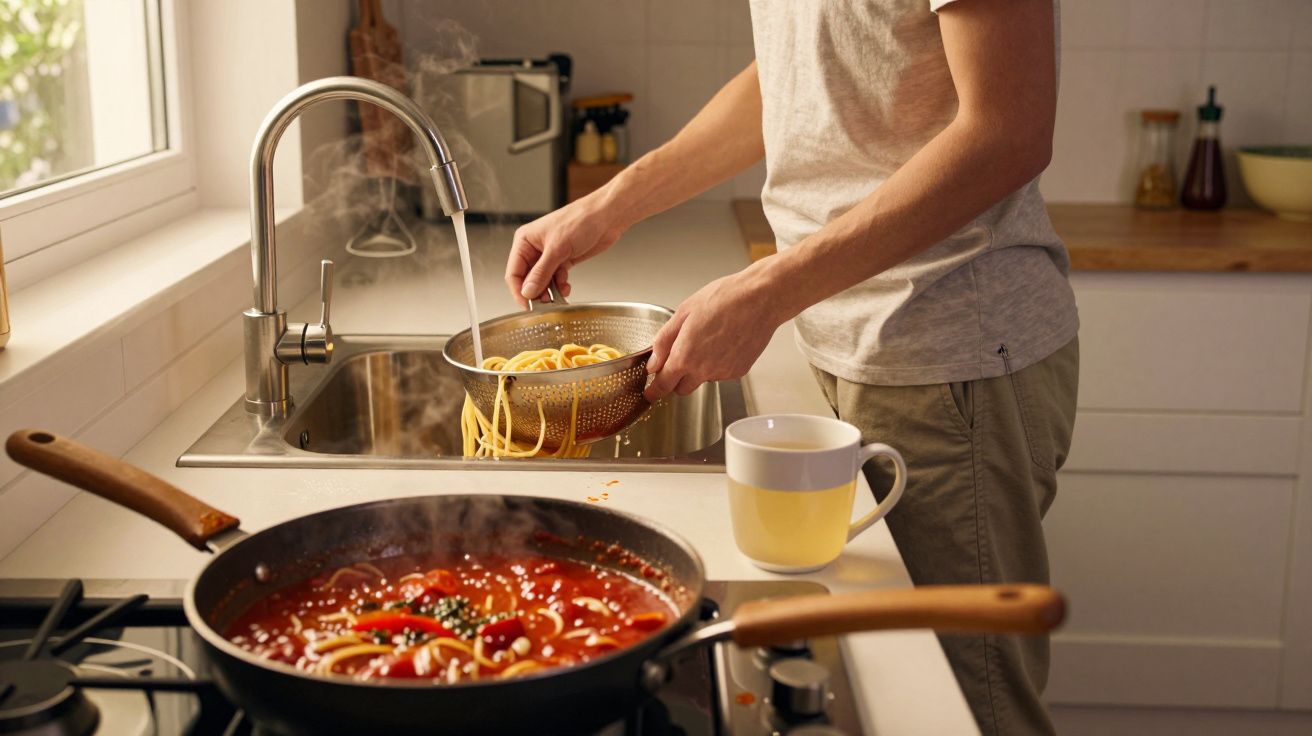 Person draining spaghetti over sink, with a tomato sauce simmering in a pan on the stove, mug on counter.