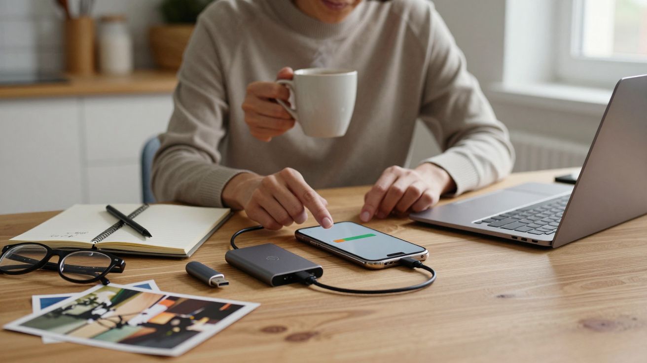 Person in grey jumper using a smartphone and laptop, with a notebook, glasses, and coffee on a wooden table.