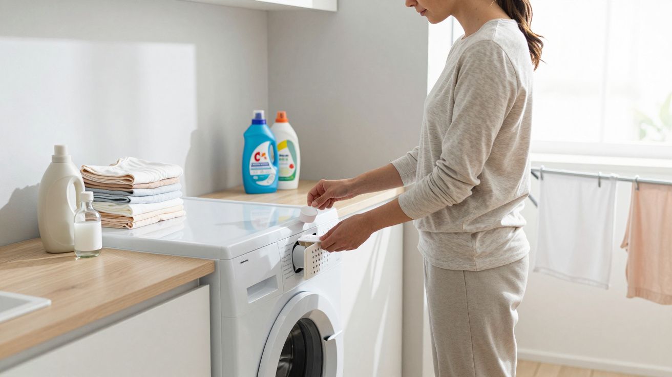 Woman doing laundry in a bright utility room, adding detergent to a washing machine with folded clothes and bottles nearby.