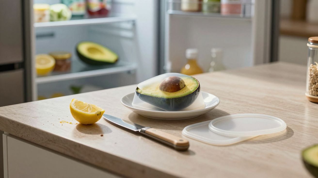 Avocado half on plate, lemon wedge, and knife on kitchen counter with open fridge in background.