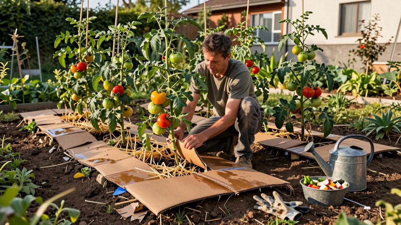 Man tending to tomato plants in a garden with cardboard mulch and a watering can nearby.