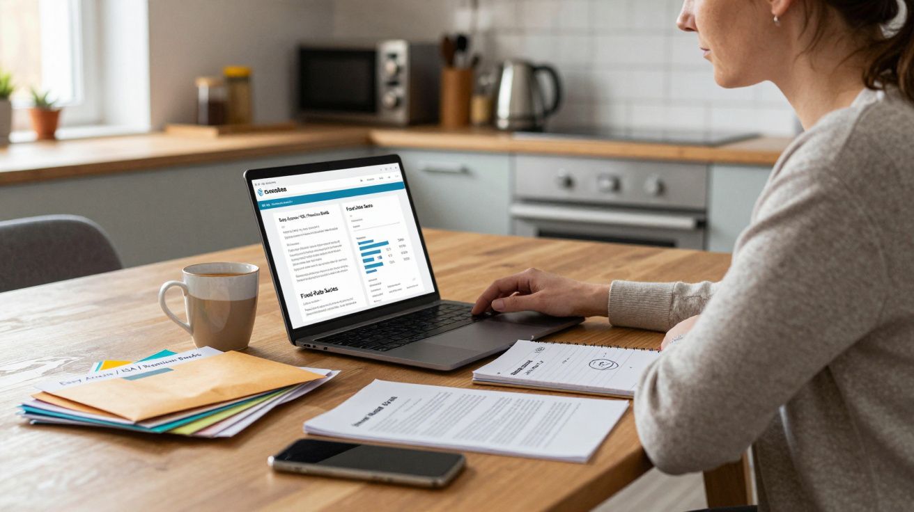 Woman working on a laptop at a kitchen table with documents, folder, and smartphone nearby.