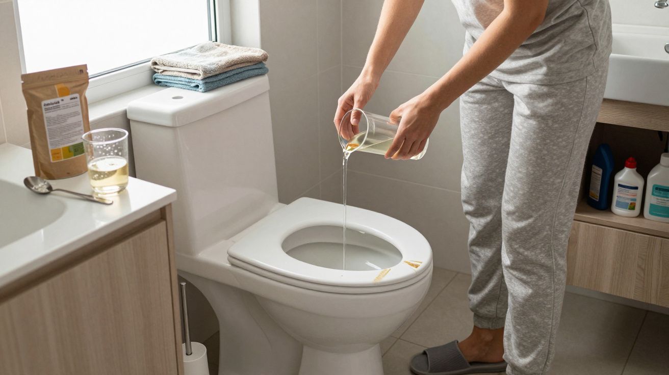 Person pouring liquid cleaner into a toilet next to a bathroom sink with cleaning supplies and towels.