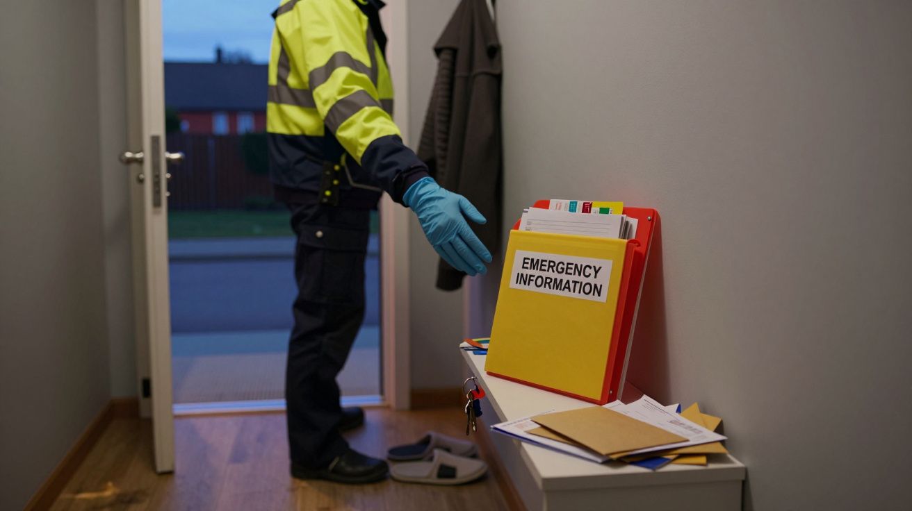 Person in reflective gear pointing to emergency info folder on a shelf by an open door in a dimly lit hallway.