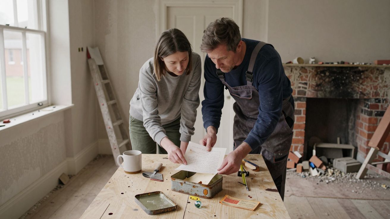 Two people examining a document on a workbench in a partially renovated room with a fireplace and ladder.