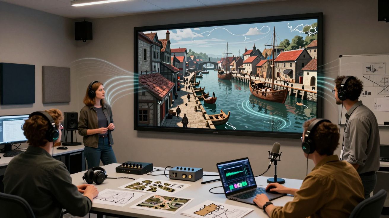 People in a modern studio wearing headphones analyse a large screen displaying an animated medieval port town scene.