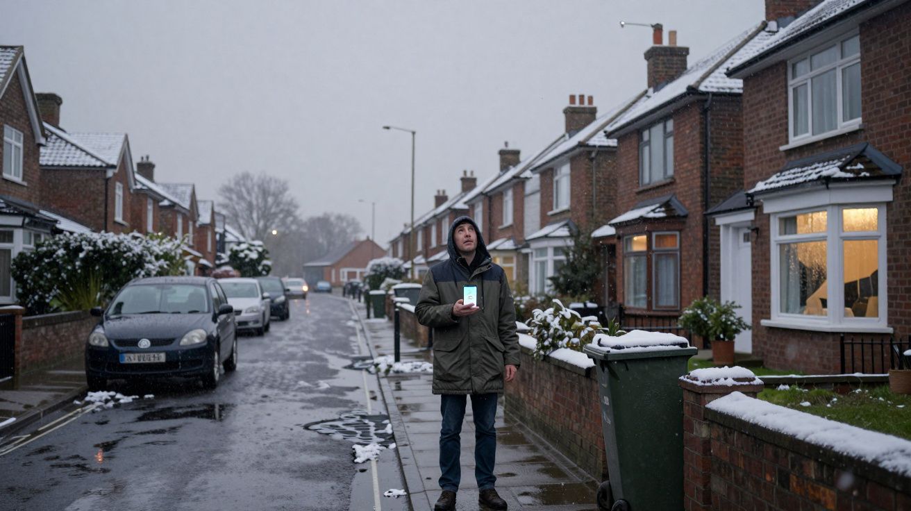 Man stands on snowy street holding phone, surrounded by cars and brick houses.