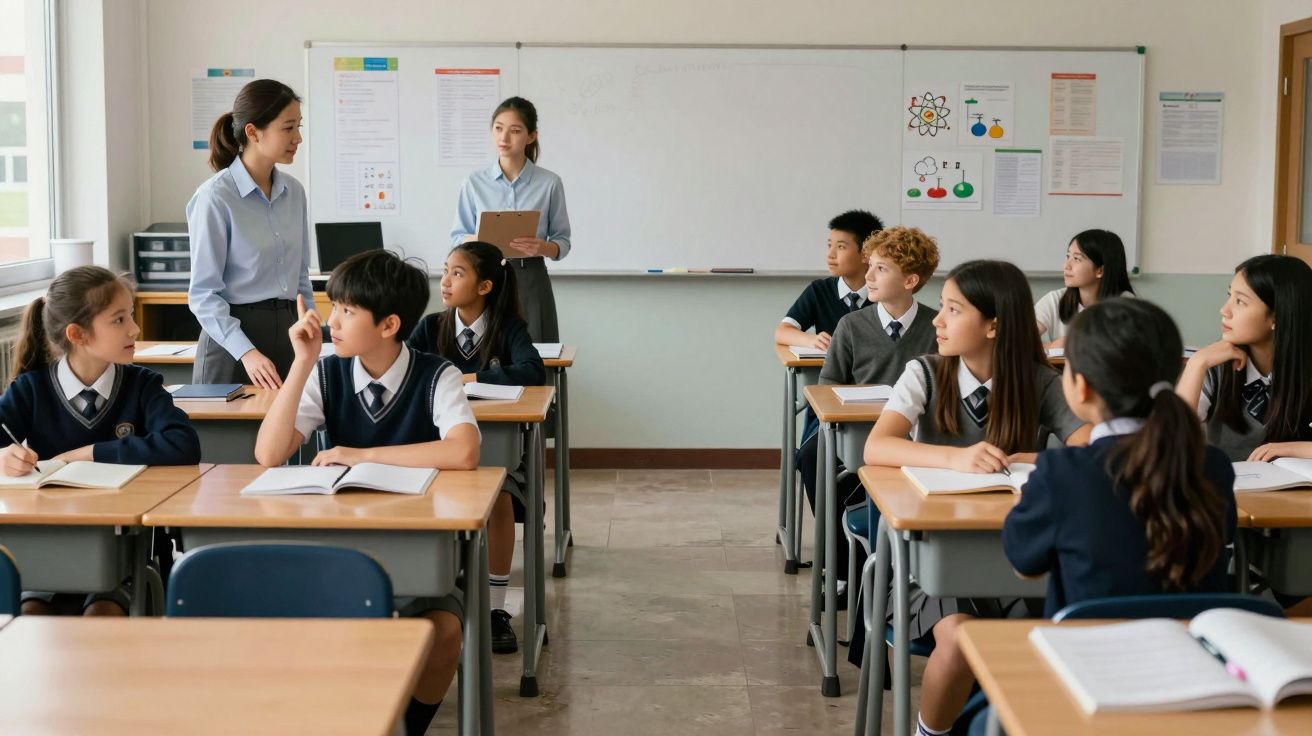 Classroom with students in uniforms sitting at desks, two teachers standing near a whiteboard with educational posters.