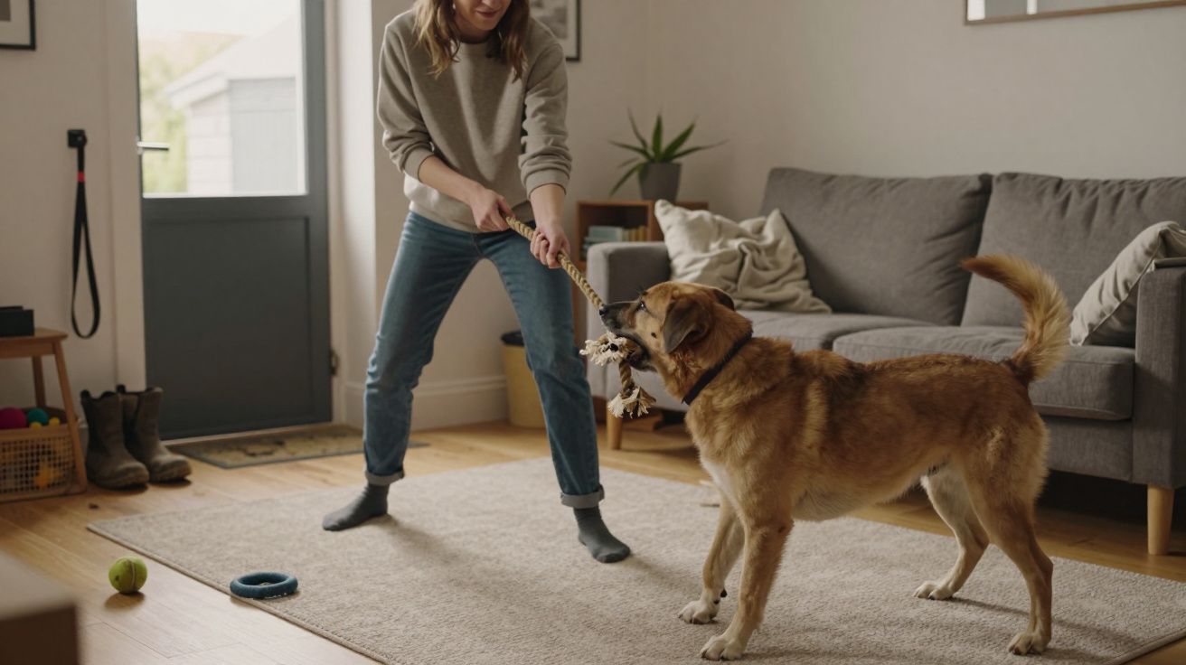 Person playing tug-of-war with a brown dog in a cosy living room with a grey sofa and houseplants.
