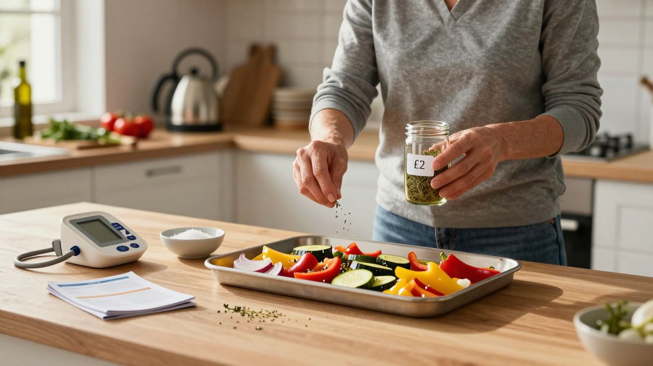 Person seasoning sliced vegetables on a tray in a kitchen with a blood pressure monitor and recipe book nearby.