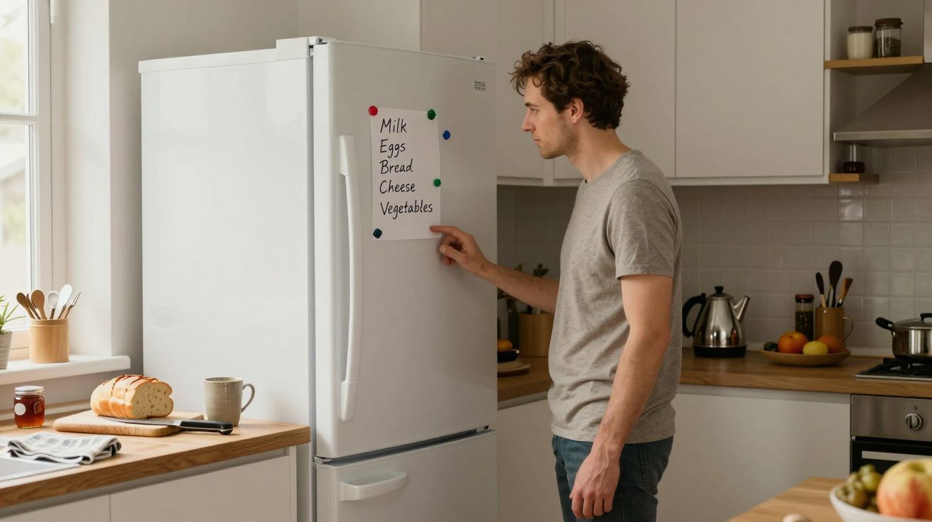 Man reading a shopping list on a fridge in a modern kitchen.