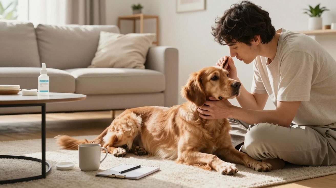 Person petting a Golden Retriever in a cosy living room with a sofa and coffee table.