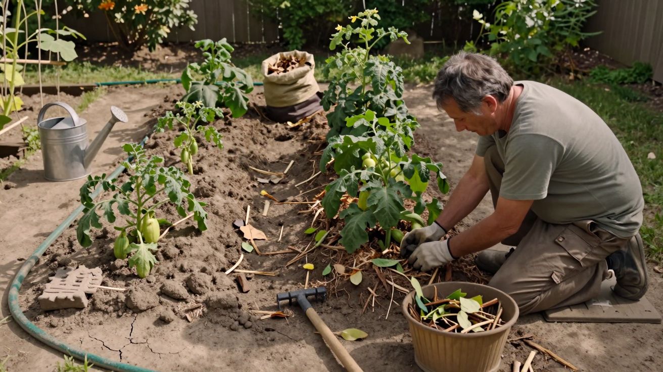 Man gardening, tending plants in a vegetable patch with a watering can and gardening tools nearby.