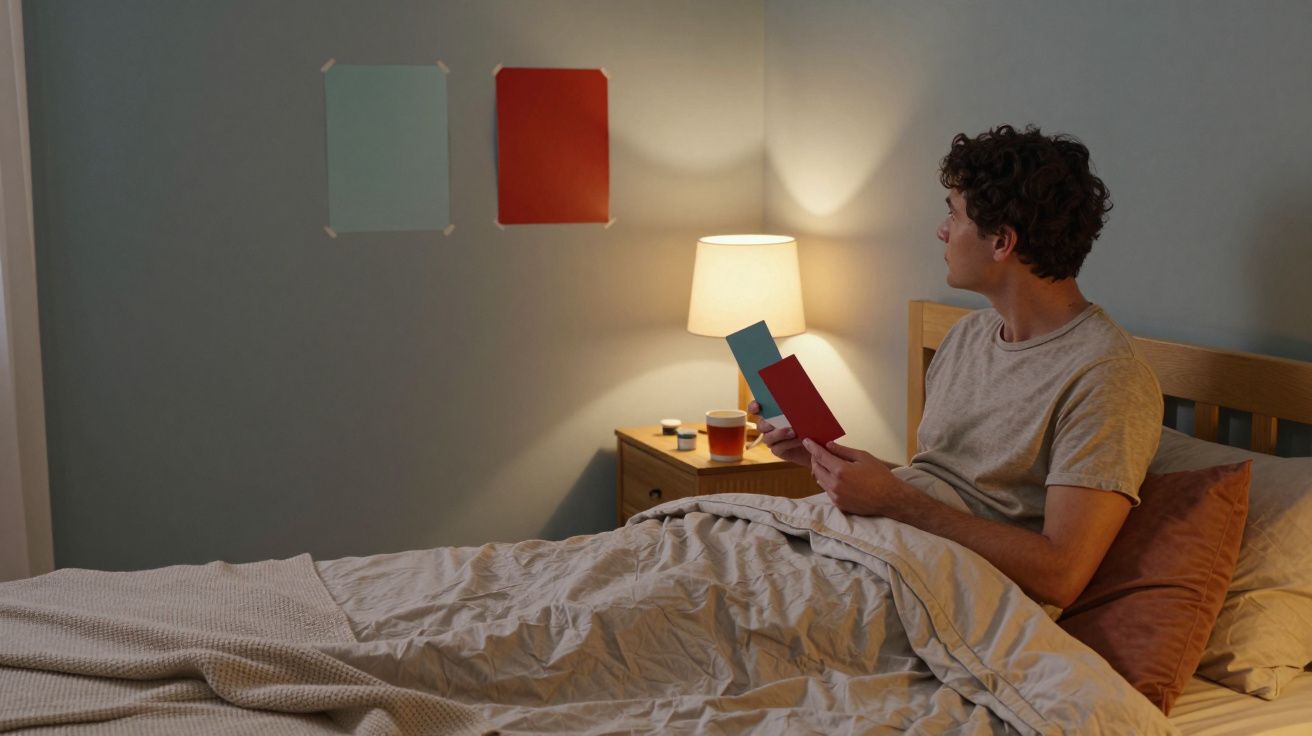 Man in bed choosing between teal and red wall paint, lamp lit, with colour samples on the wall.