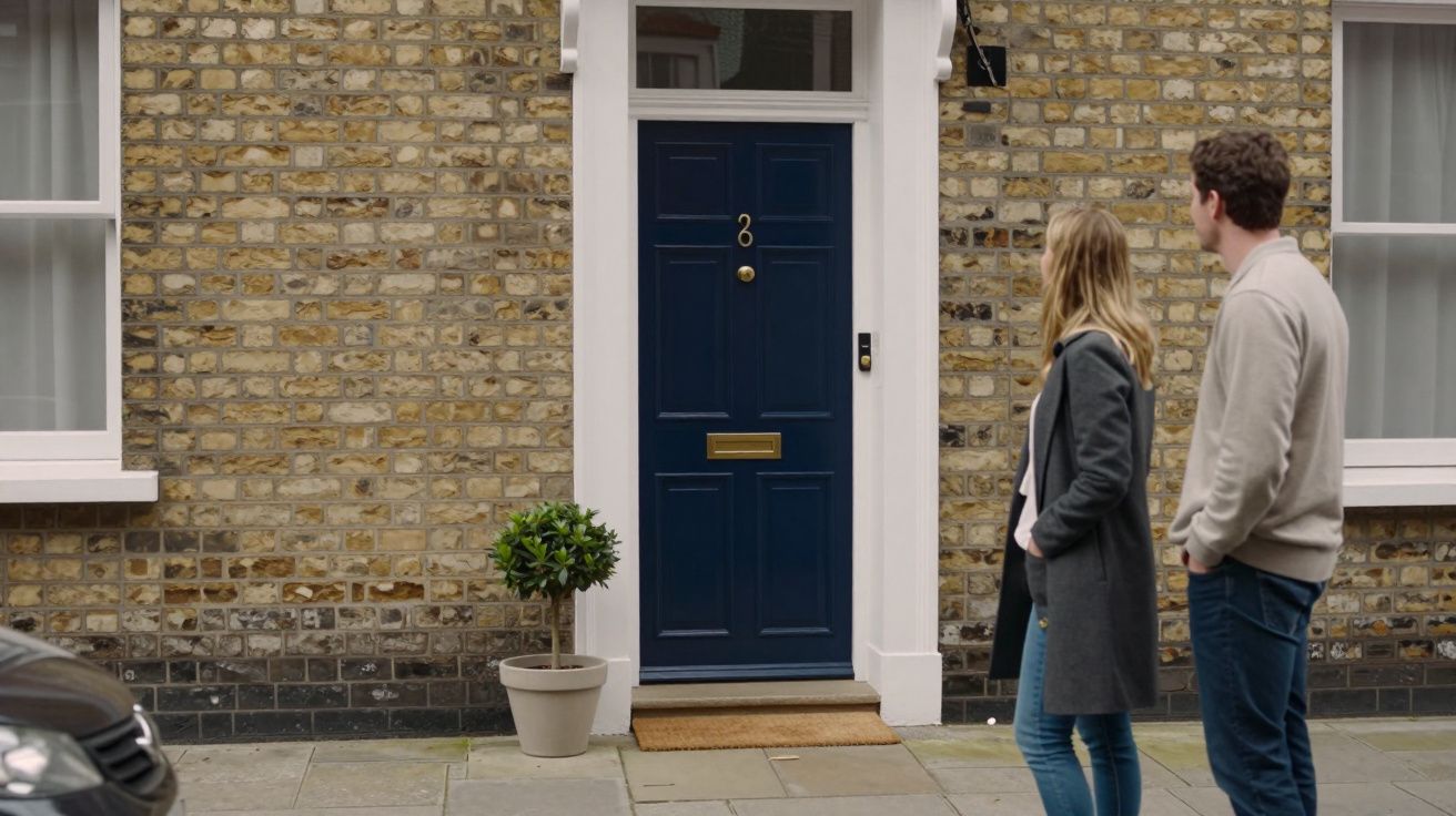 Two people stand outside a brick house with a navy blue door, number 8, and potted plant.