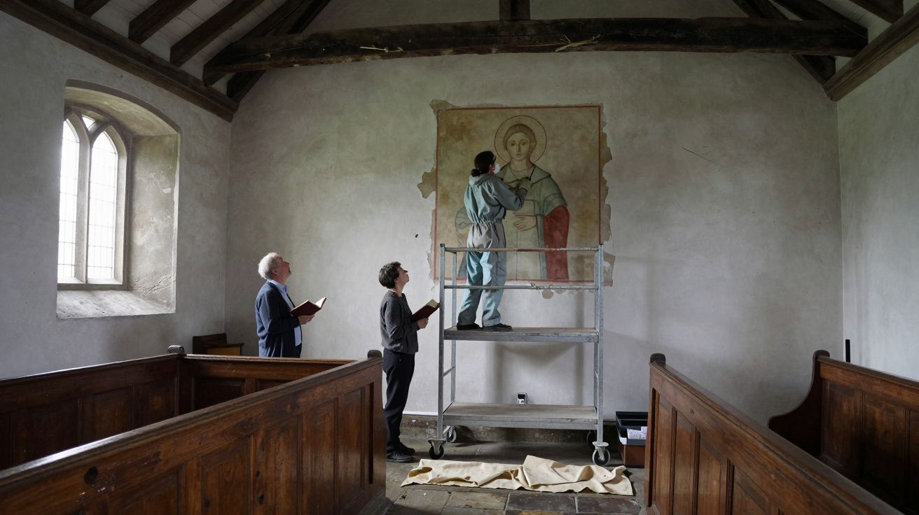 Restoration expert on scaffold working on church fresco, observed by two individuals taking notes in a wooden pew.