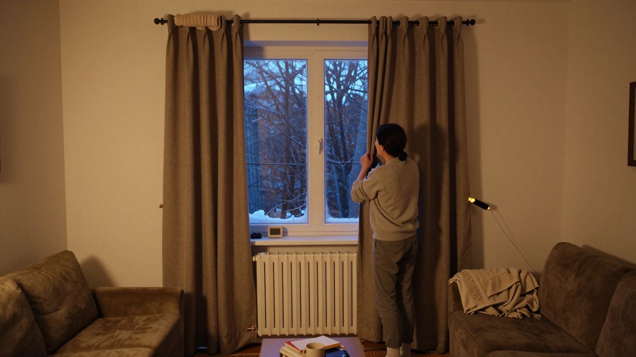 A person in a grey outfit stands looking out a window in a cosy living room with sofas, a lamp, and a coffee table.