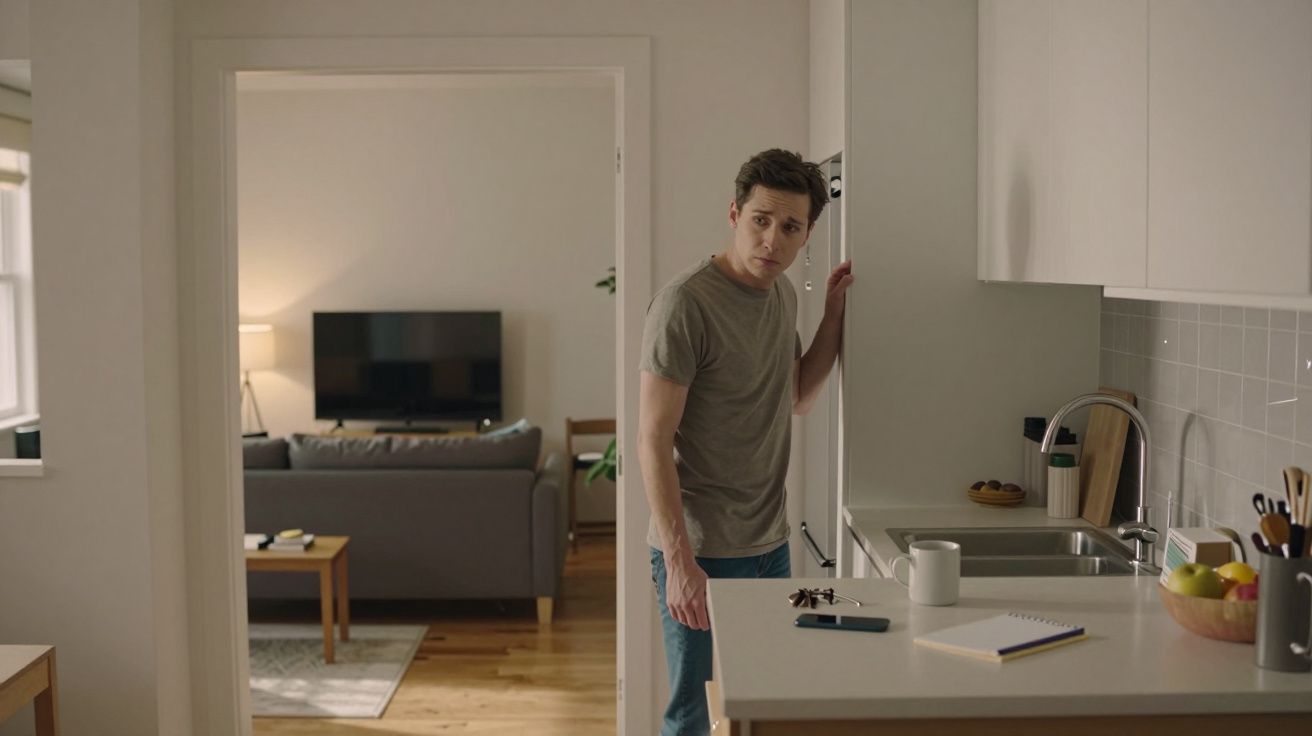 Man in a grey t-shirt stands in a modern kitchen, looking towards the camera, with a living room visible in the background.