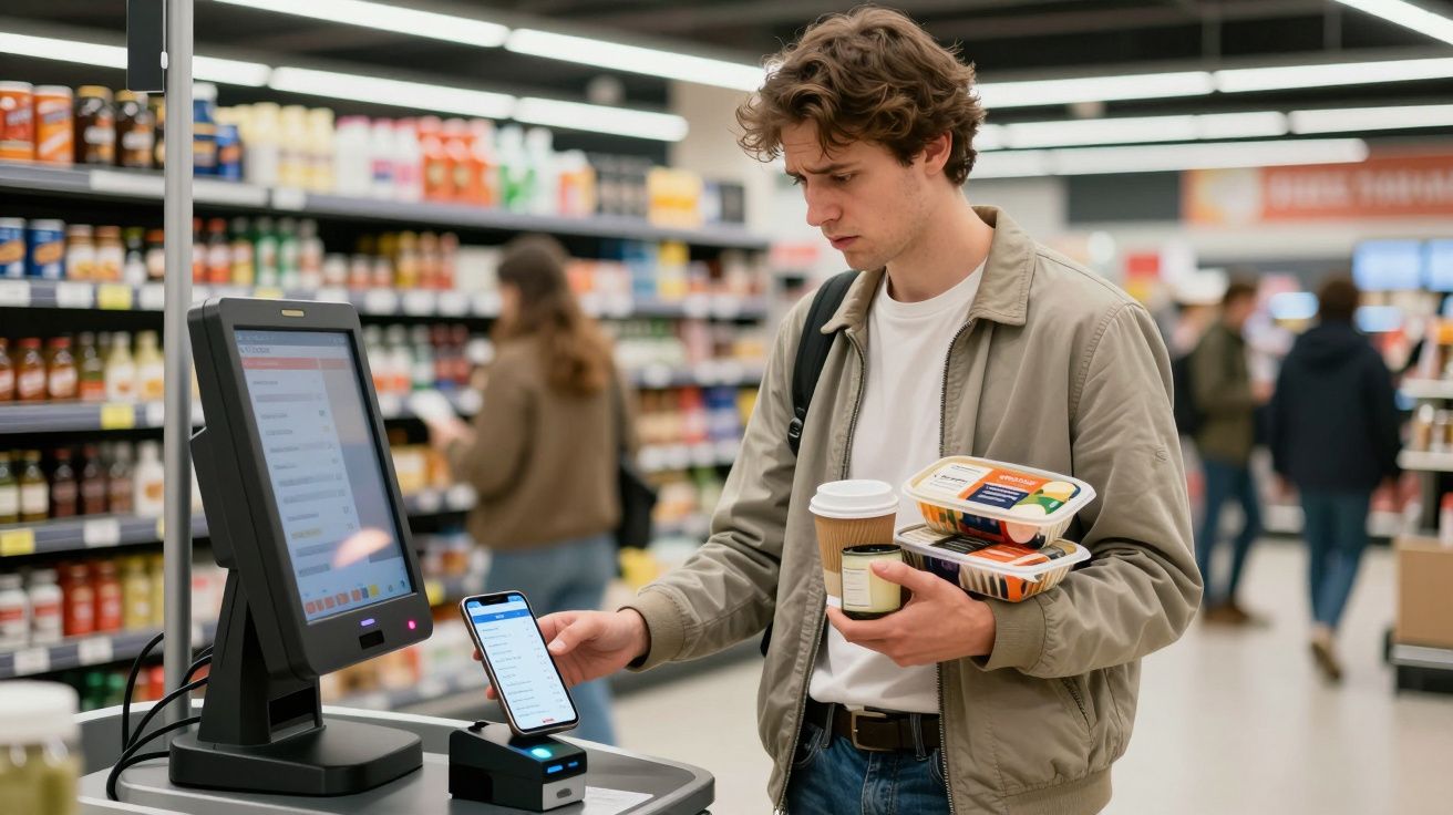 Man scanning items at self-checkout in supermarket, holding coffee and groceries.