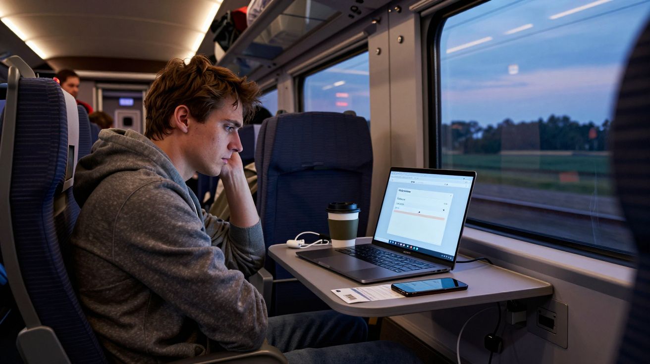 Man in grey hoodie works on a laptop at a train table, with a paper cup and phone nearby, gazing out the window.