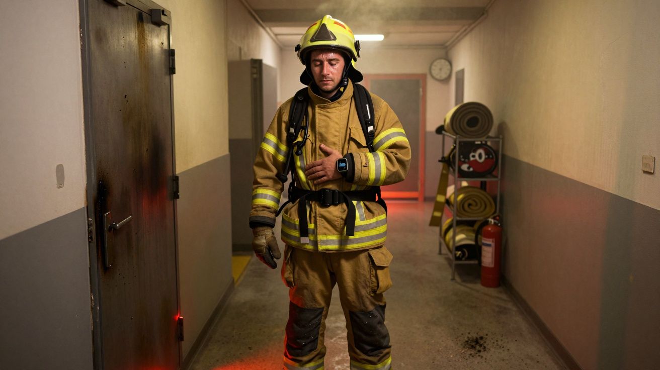 Firefighter in full gear stands in a hallway, wearing a yellow helmet and reflective uniform, with hoses and extinguisher nea