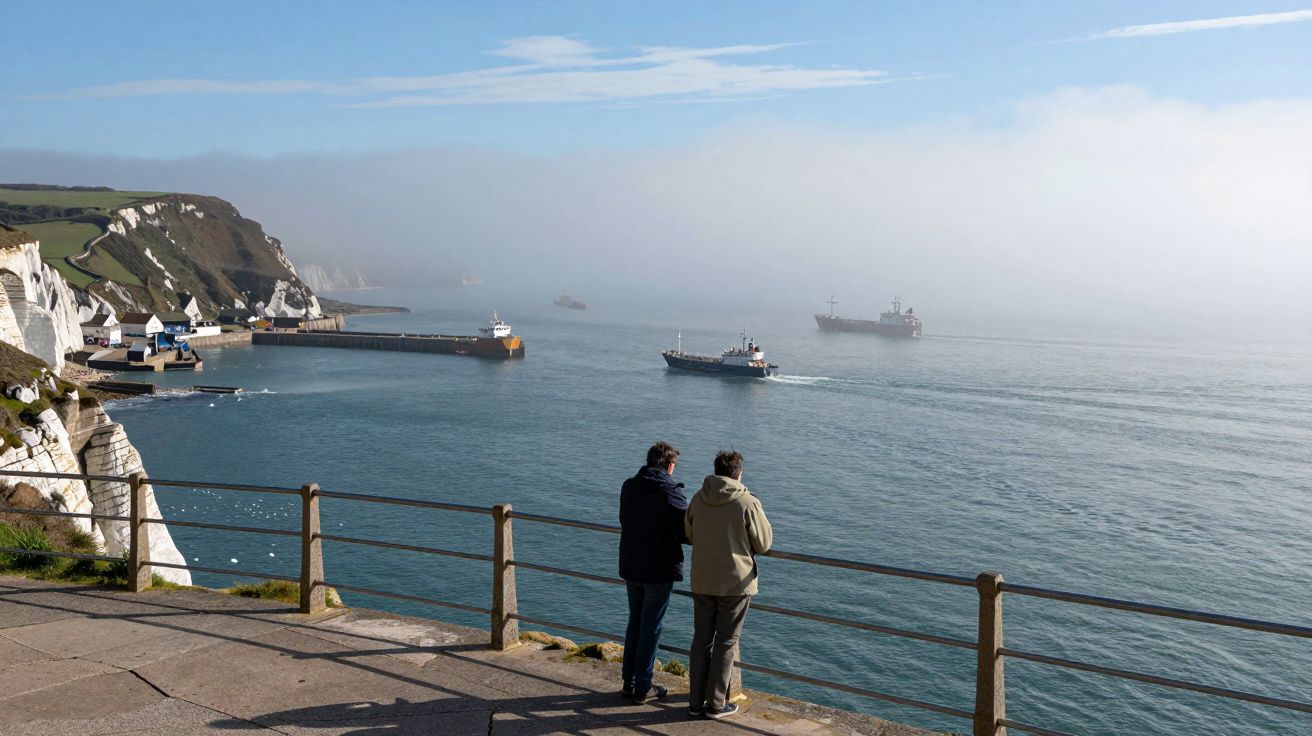 Two people stand by a railing overlooking ships near a cliffside port, with misty skies above.