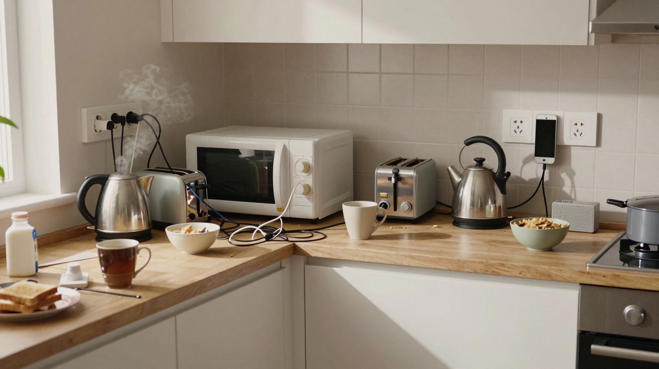 Modern kitchen with kettles, toaster, cups, bowls, microwave, toast on counter, and steam from kettle near window.