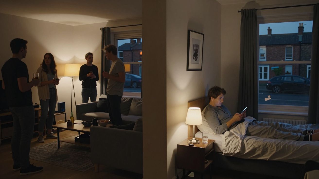 A group socialises in a living room while one person sits in bed on their phone in the adjacent room, separated by a wall.