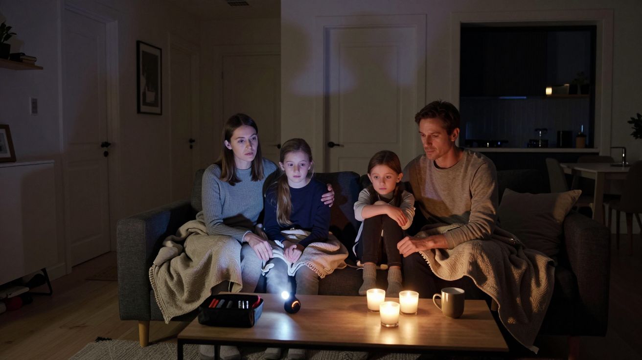 Family sitting on a sofa during power cut, lit by candles and a torch, with blankets and hot drinks on a table.