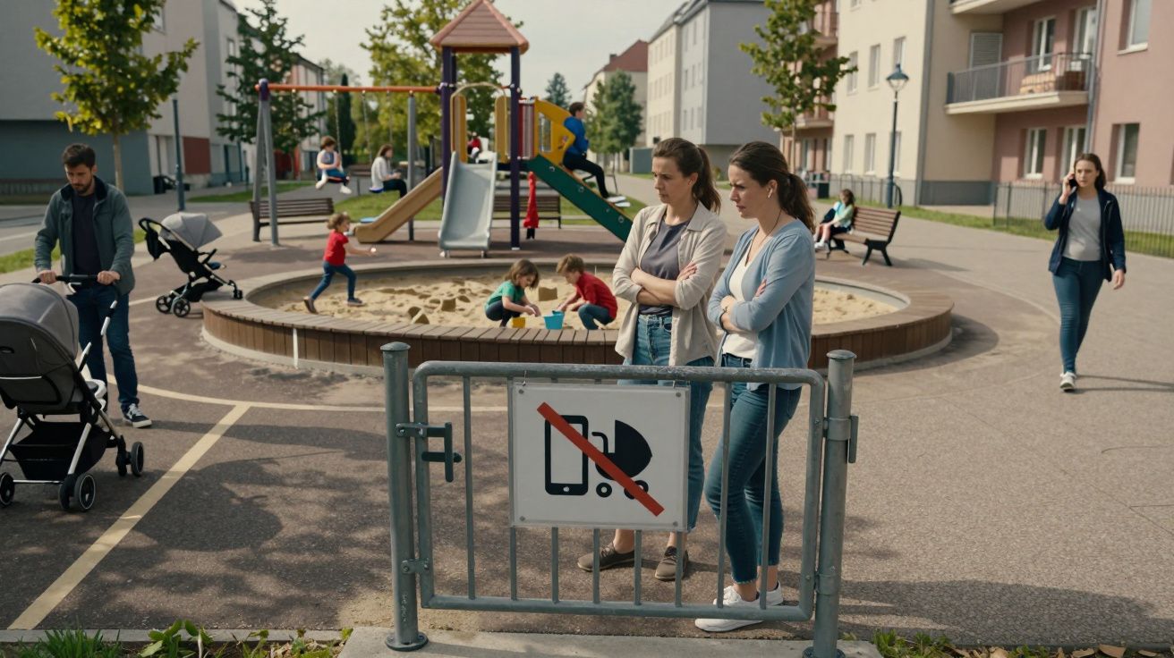 People near a playground with children playing. No parking sign visible.