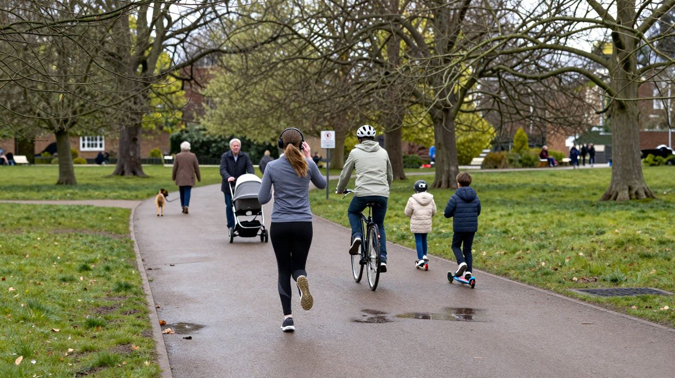 People jogging, cycling, and walking in a park with trees and a path. A child rides a scooter, and a dog follows.
