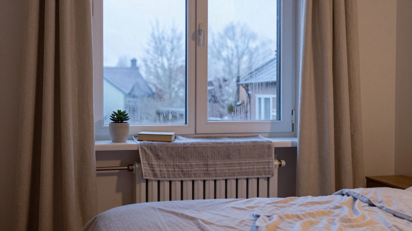 Bedroom window with drapes, a plant, and book on sill; outside view of rainy, suburban houses and trees.
