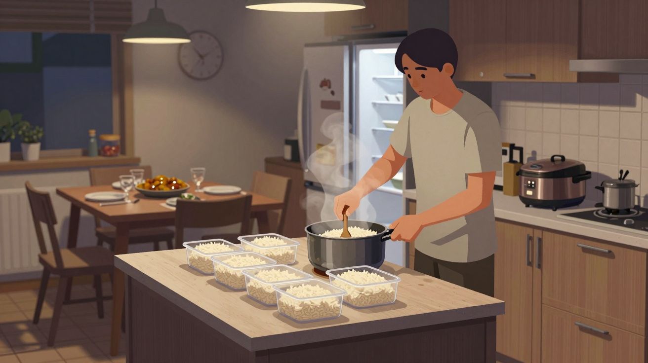 Man cooking rice in a kitchen, filling containers on the counter; dining table set in the background.