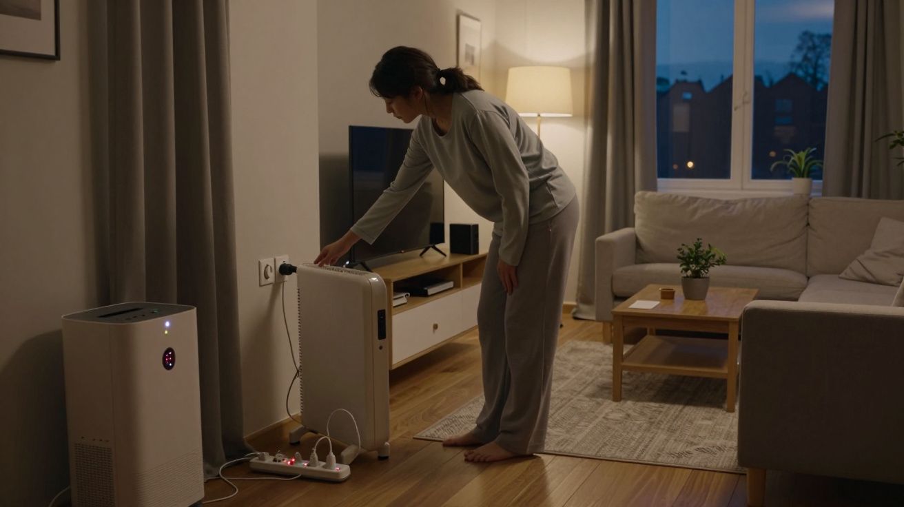 Woman in pyjamas adjusting a heater in a cosy living room with warm lighting and wooden flooring.