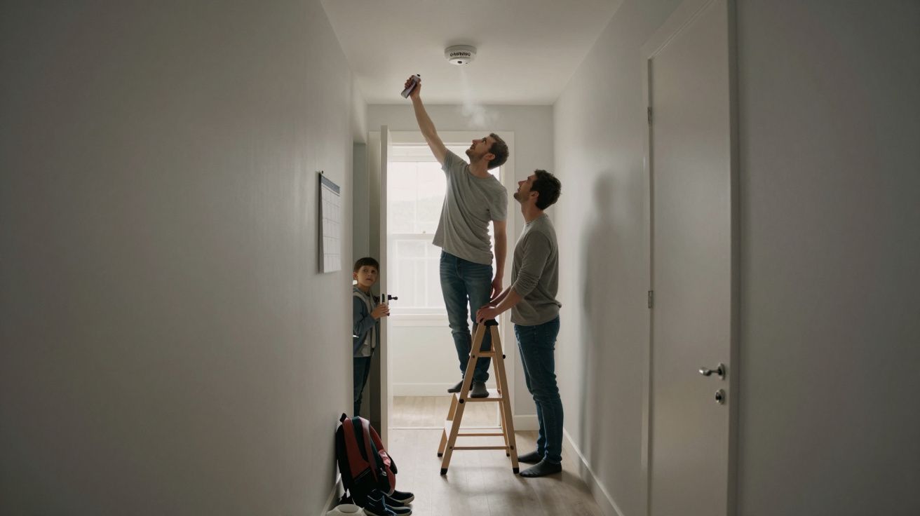 Two people test a smoke alarm in a hallway; one stands on a ladder, the other assists. A child observes from a doorway.