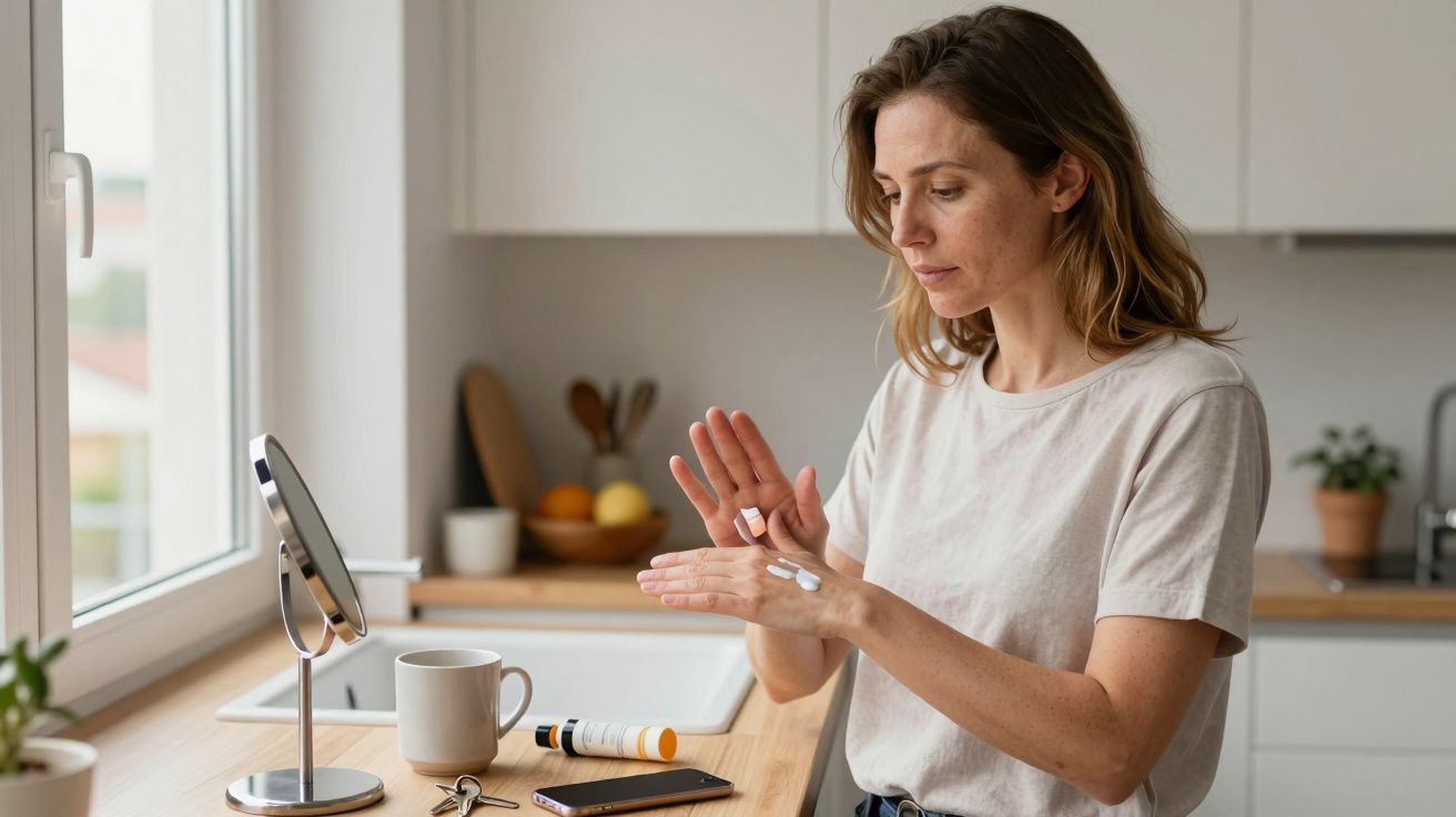 Woman applying lotion to her hands in a bright kitchen, with a cup and phone nearby on the wooden countertop.