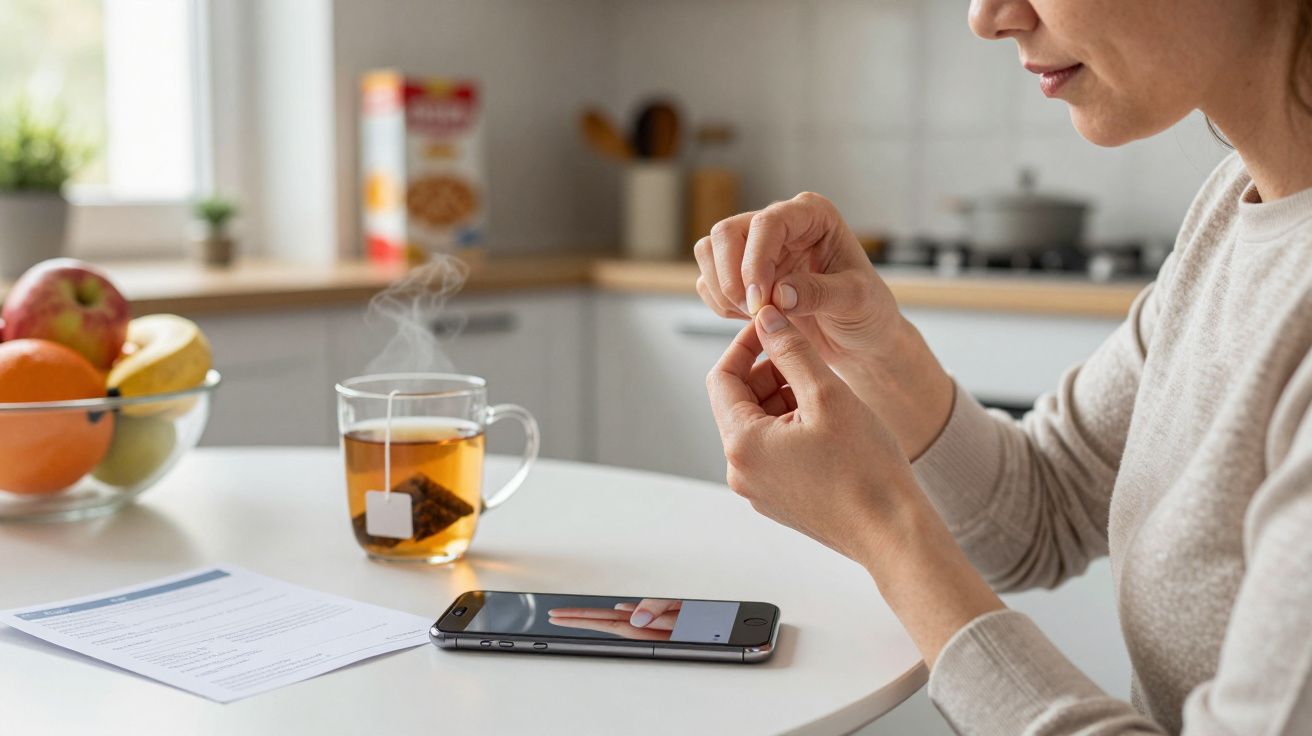 Woman sitting at a kitchen table, holding medication, with tea, a smartphone, and documents nearby.
