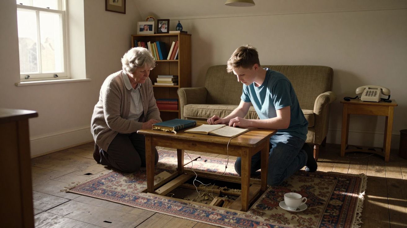 Elderly woman and young man kneel by a coffee table with books, in a cosy room with a sofa, bookshelf, and tea cup.