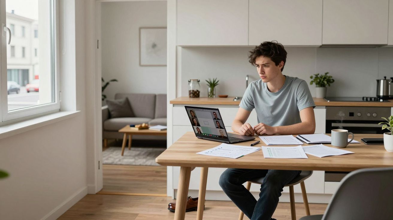 Young man working remotely on laptop at a wooden kitchen table, with papers and a coffee mug, in a modern bright flat.